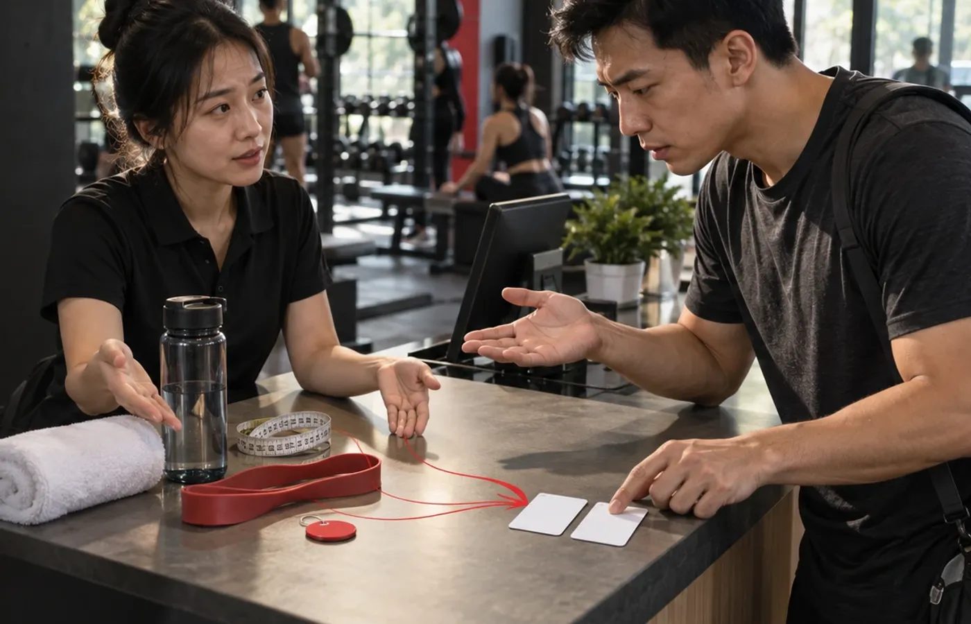 Khách mặc cả với lễ tân ở quầy phòng tập