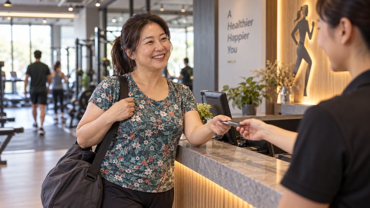Nhân viên lễ tân trao thẻ cho hội viên tại quầy đón tiếp