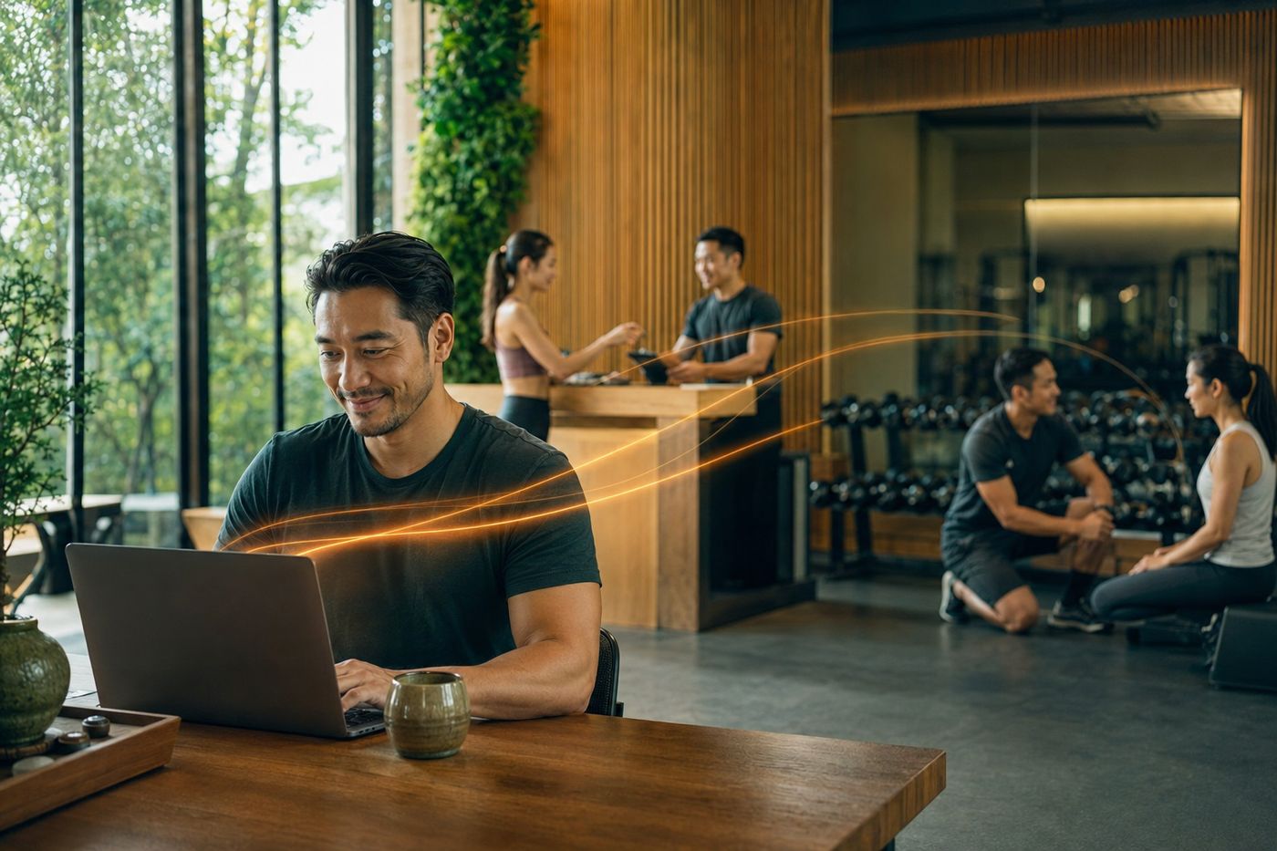 Người quản lý phòng tập làm việc trên laptop, dữ liệu vận hành từ quầy lễ tân và buổi tập gộp về một chỗ