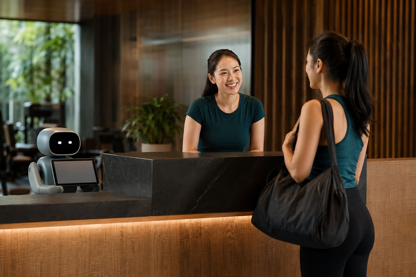 Nhân viên lễ tân trò chuyện và nhận check-in cho hội viên, trợ lý AI đứng bên cạnh hỗ trợ